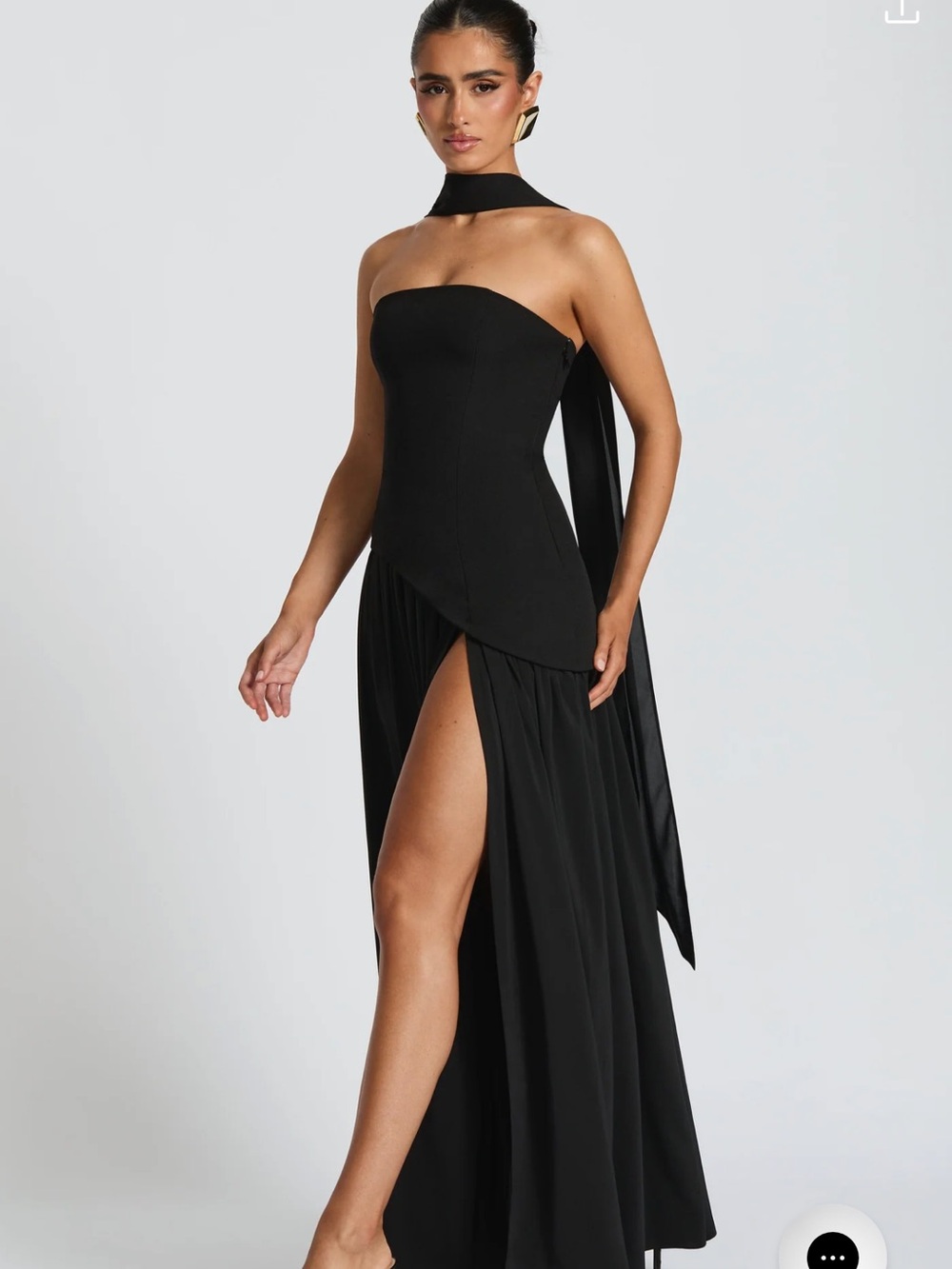 Black Strapless High-Slit Evening Gown with Neck Sash